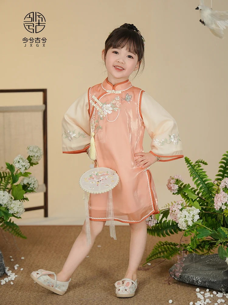 Hanfu-女の子のための長袖ドレス,レトロなスタイルの埋め込み式グリーンドレス,中国の再版,秋