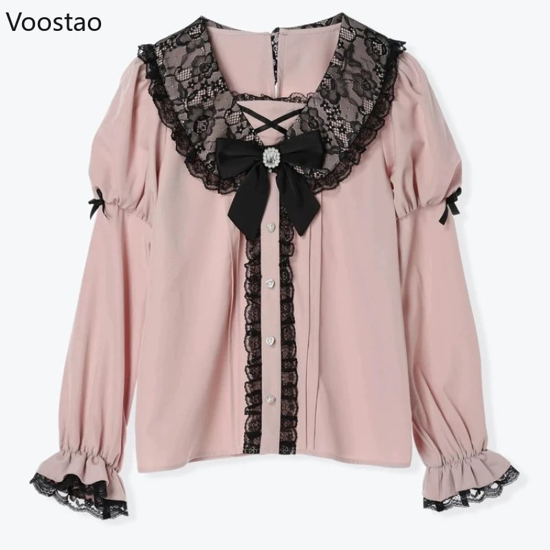 Japanese Gothic Lolita Shirt Women Harajuku Jirai Kei Bow Long Lantern Sleeve Blouses Y2k Aesthetic Elegant Sweet Clothes Tops