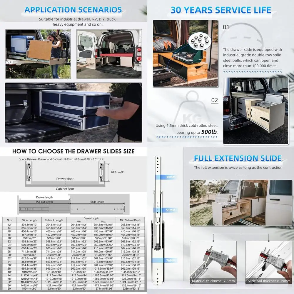 

Усиленные направляющие для грузов весом до 227 кг, с шарикоподшипниками, боковое крепление, разные длины, для промышленного использования и автодомов