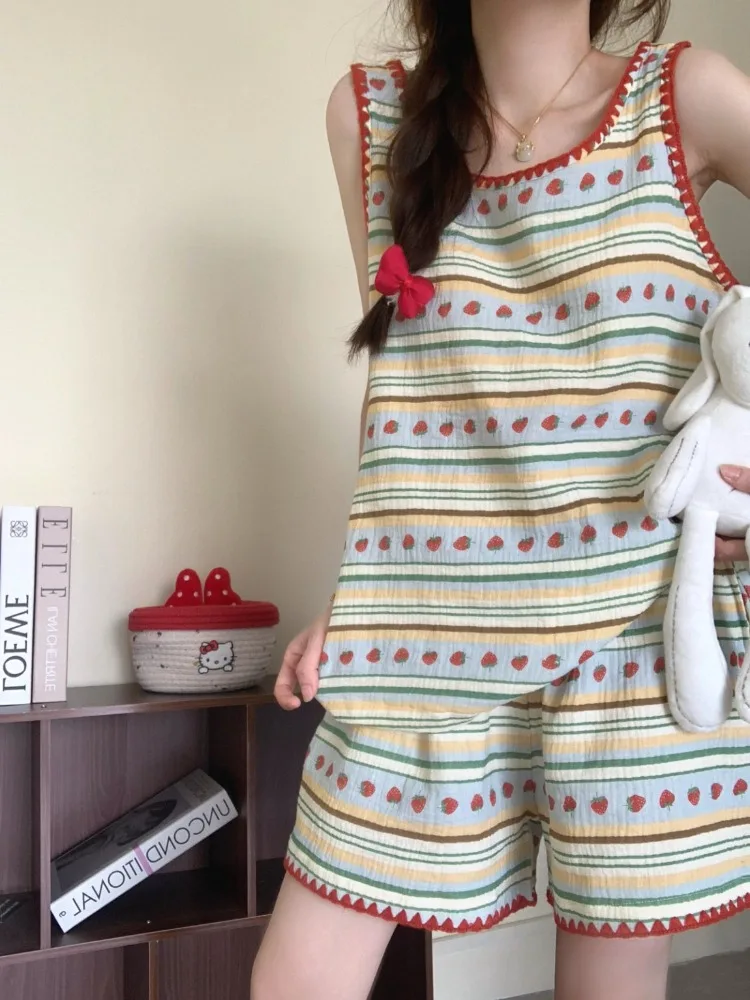 

Pajamas Female Summer Sweet Strawberry Print Striped Homewear Pajama 2 Piece Set Casual Vest Shorts Loungewear Pijamas De Mujer
