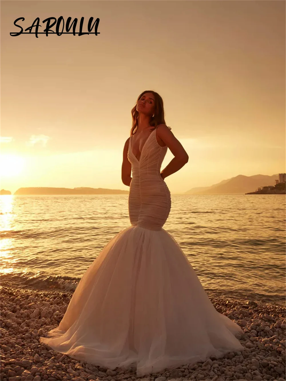 Pleated Tulle Mermaid Wedding Dresses For Women 2024 Deep V Neck Fit And Flare Tail Bridal Gown Vestidos De Mariee Bride Dress