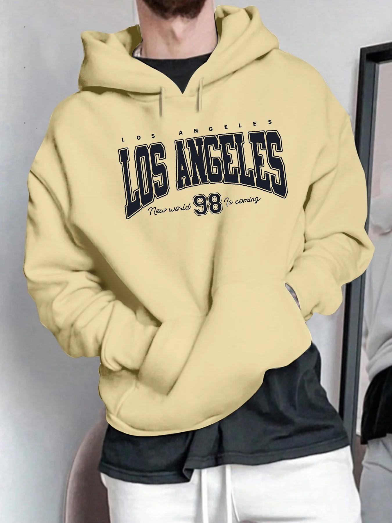 Men's Spring and Autumn Casual Warm Loose Fashion Los Angeles Letter Pattern Printed Long Sleeve Round Neck Hoodie