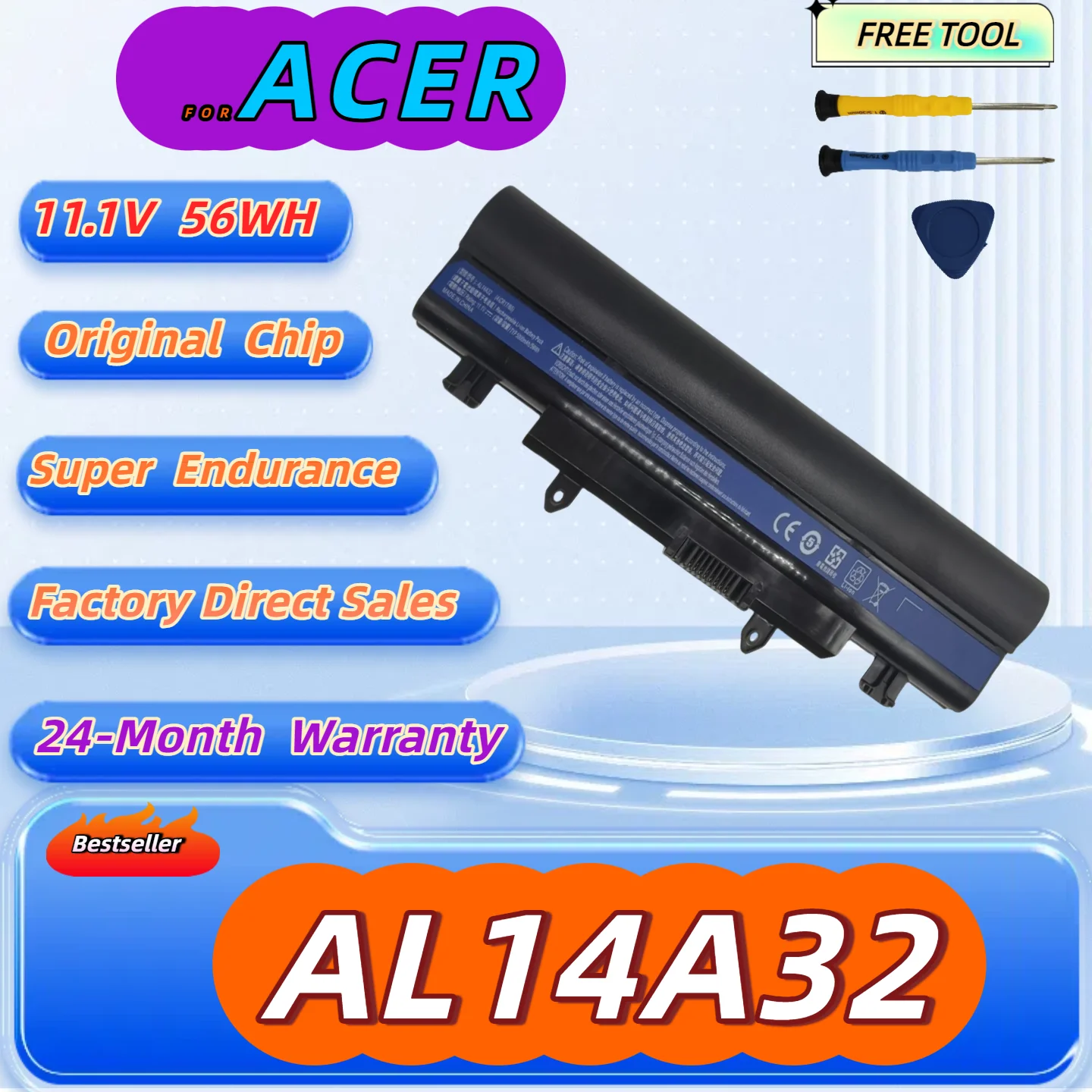 

AL14A32 Laptop Battery For ACER Aspire E14 E15 E5-421 E14 Touch E15 Touch E5-572G E5-572G-593YFree Tool+24M Warranty
