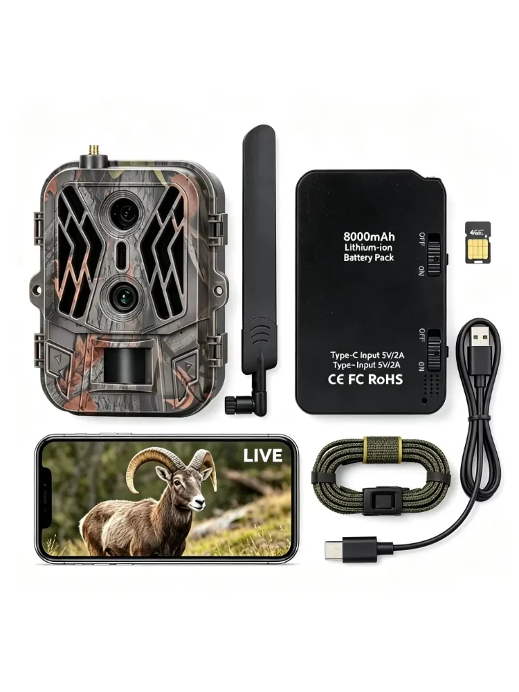 Kamera myśliwska 4G 120MP 4K z baterią litową 8000mAh, do użytku na zewnątrz, z noktowizorem, dwoma obiektywami, sterowaniem przez aplikację, opcjonalnym transmisją na żywo/chmurą/e-mail/FTP. — 2