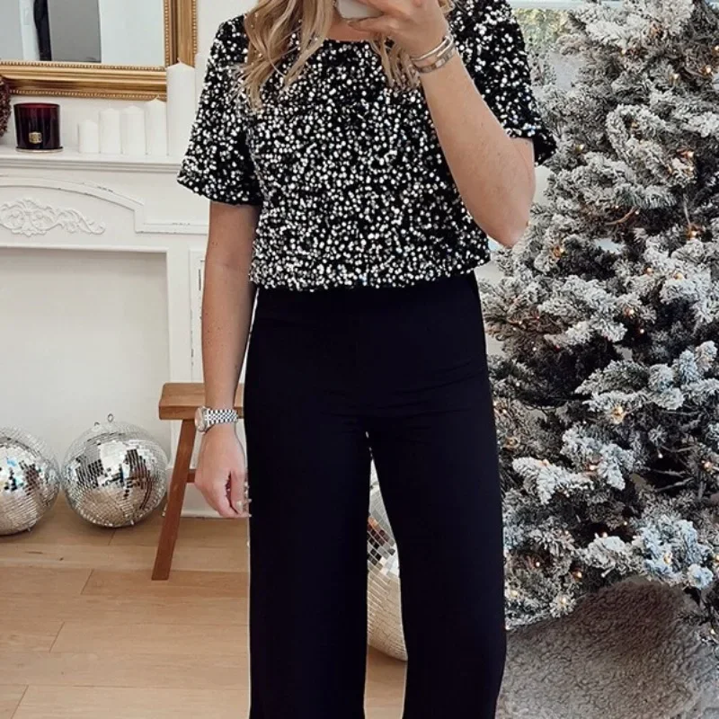 

Party Jumpsuit Women Sequins Elegant Backless Split Short Sleeve Lady Temperament Straight Spring Summer Sexy Jumpsuits