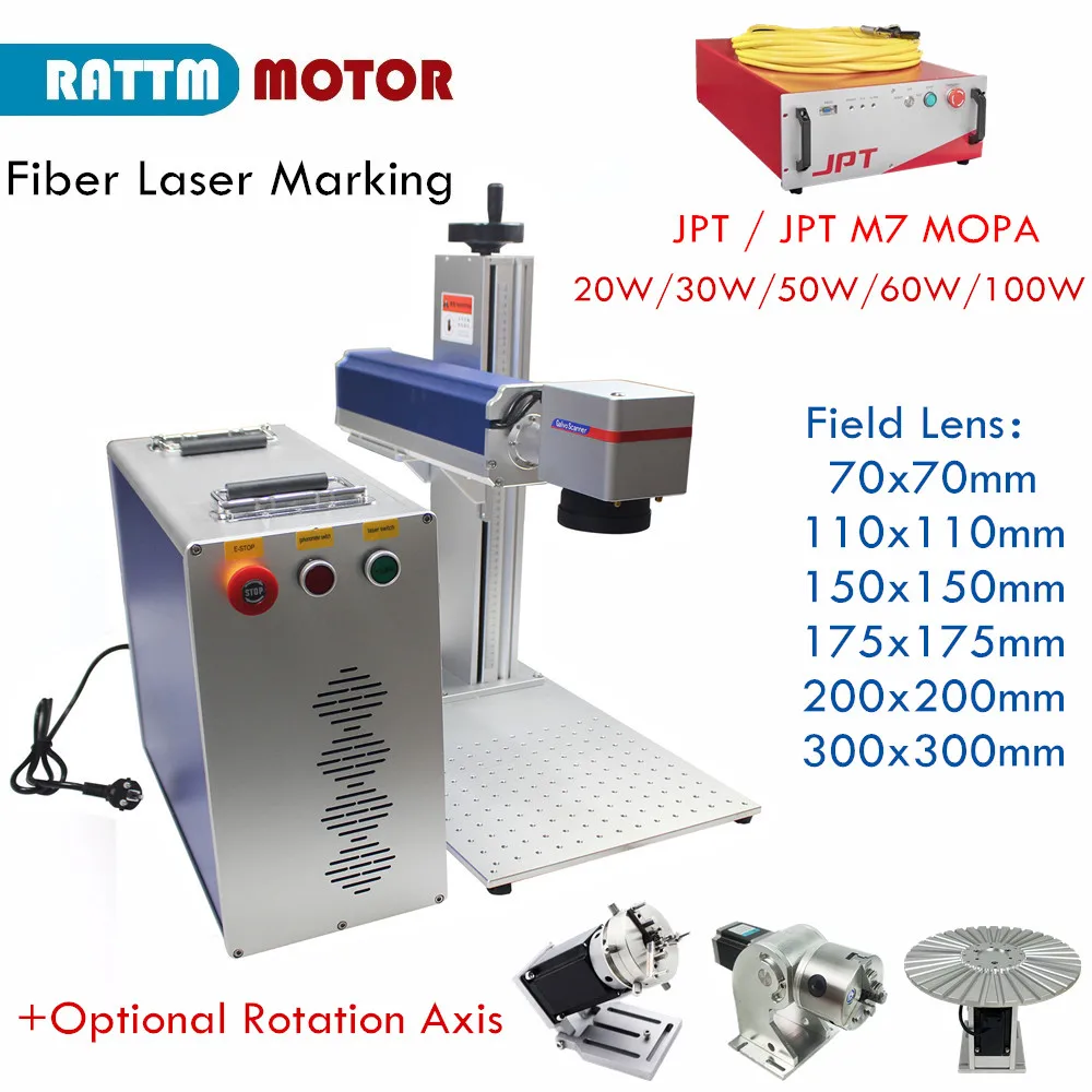 JPT LP / M7 MOPA 100W 60W 80W 50W 30W 20W Fiber Laser Engraving Marking Machine Metal Steel Jewelry Gold With Ring Rotary Axis