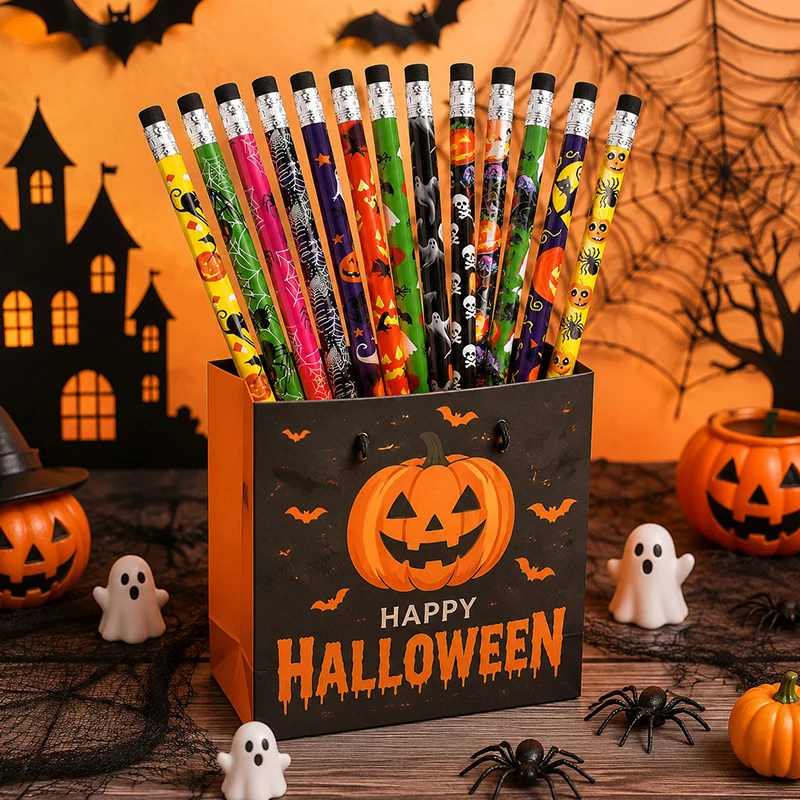 Crayons d'Halloween, mélange aléatoire de motifs effrayants, couleurs assorties, ensemble de papeterie festive, cadeaux de vacances, fournitures d'écriture, ZYF, 12/24/36 pièces
