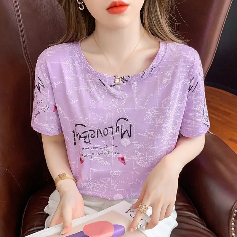Women's T-shirt Summer 2023 New Bottom Shirt Printed Loose Korean Versatile Casual Round Neck Short Sleeve Fashion Vintage Tops