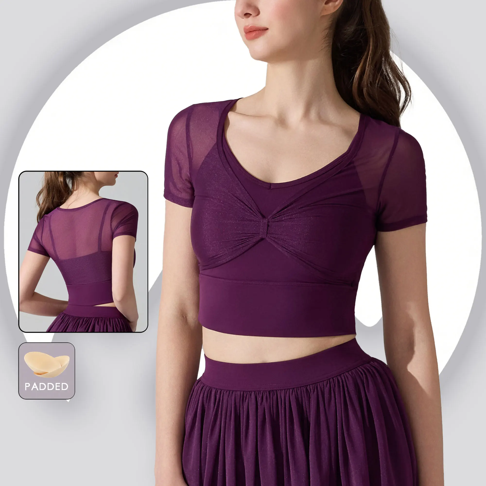 

Женский эластичный спортивный бюстгальтер из сетки с эффектом двухслойности, топ с коротким рукавом и встроенными чашечками для фитнеса, йоги и тренировок