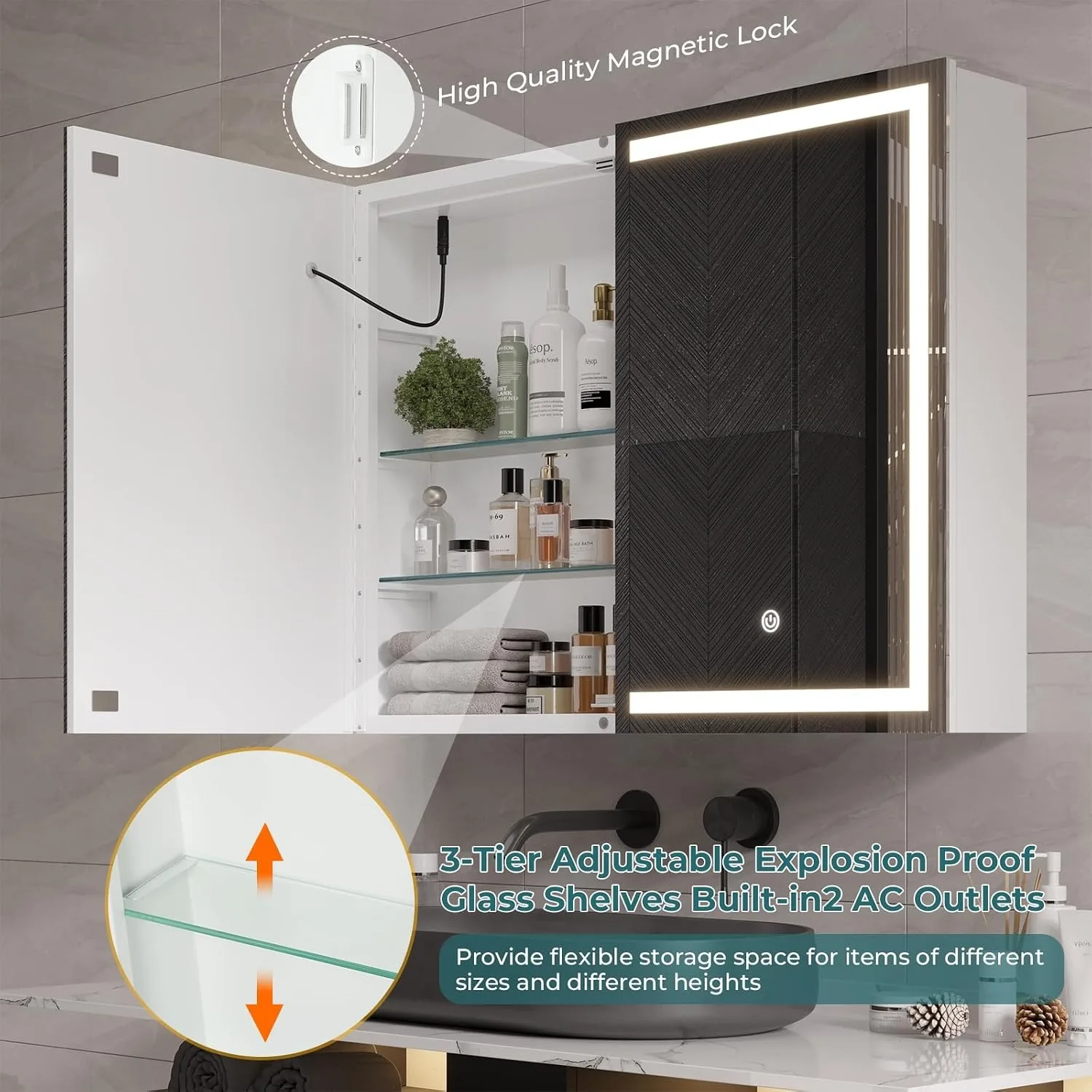 Bathroom Medicine Cabinet with Mirror and LED Light, Wall Mounted Bathroom Mirror with Storage, Customized image 6