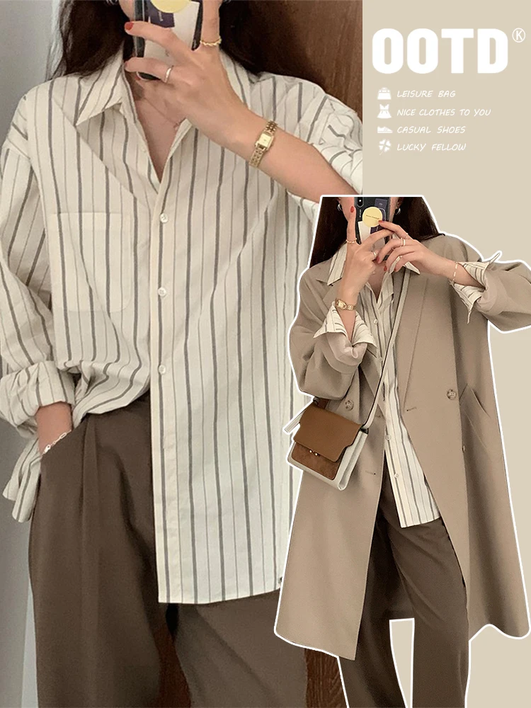 

Женская рубашка в полоску, новинка весеннего сезона, в стиле ретро с элементами гонконгского стиля, шикарный топ, базовая рубашка для многослойных образов, осенне-зимняя коллекция