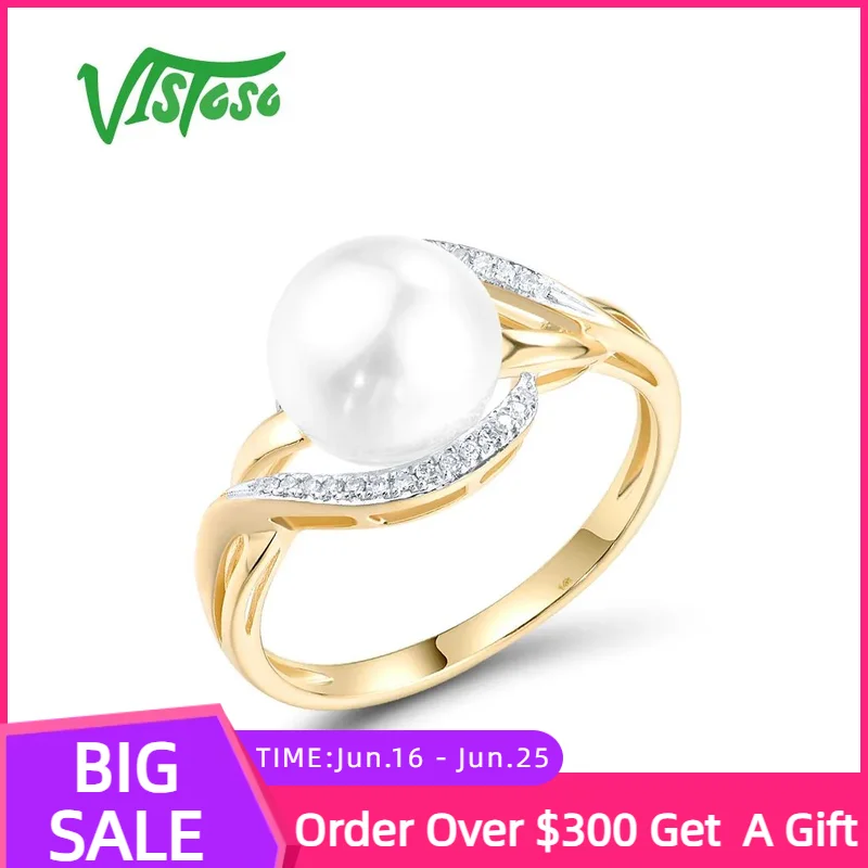 

VISTOSO Genuine 14K 585 Yellow Gold Ring For Women Sparkling Diamonds Fresh Water Pearl Delicate Party Fashion Fine Jewelry