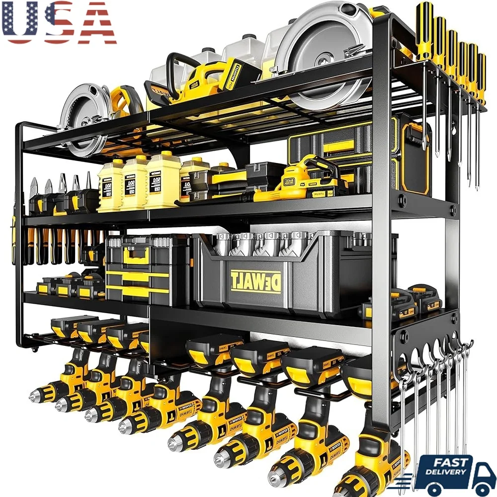 

Industrial Power Tool Organizer Wall Mount 4 Tier Heavy Duty Storage Rack 400lbs Capacity Cordless Tool Holder Easy Setup