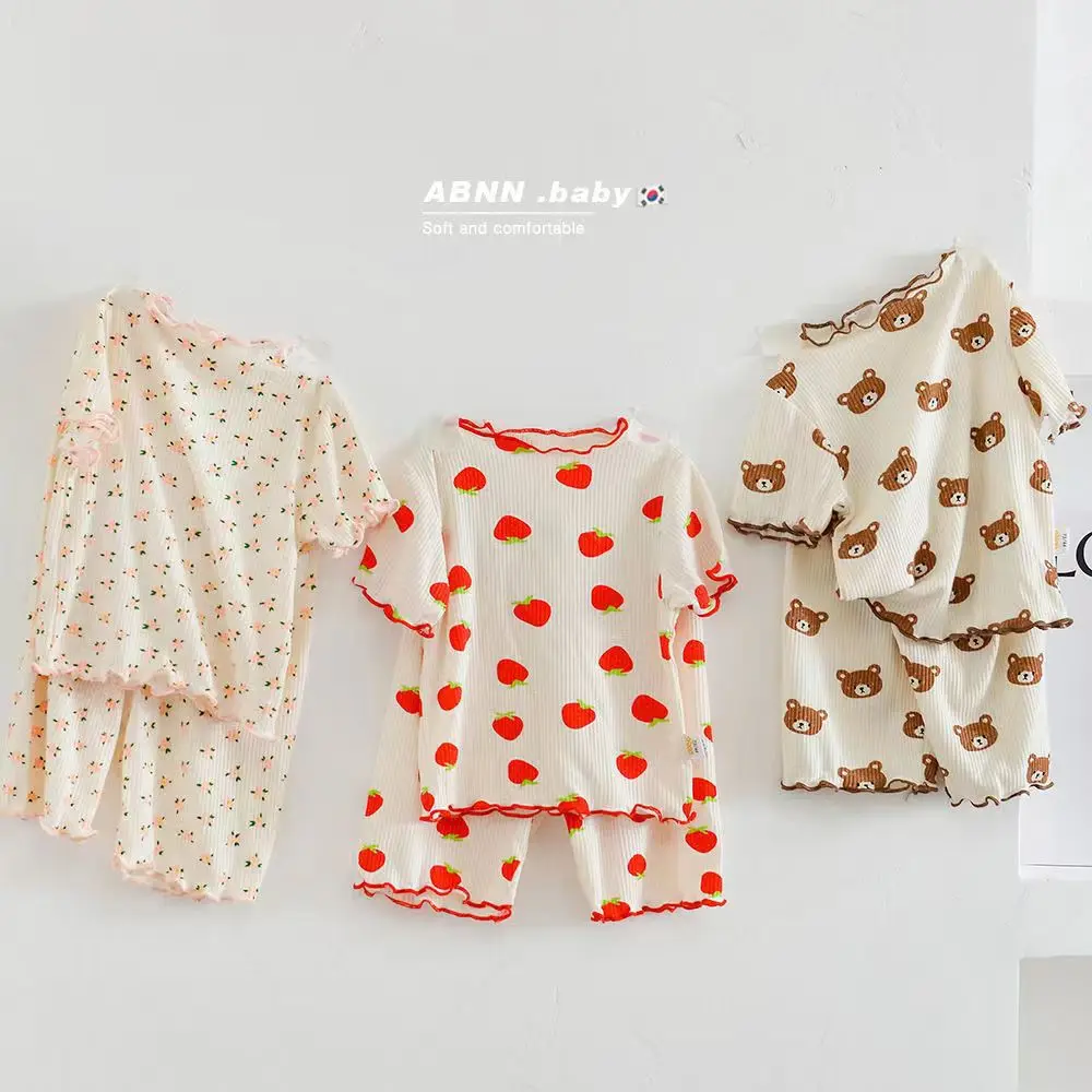 2024 Summer New Girls Home Clothes Costume Short-sleeved Floral Suit Baby Two-piece Set Korean Version Pajamas Homewear Suit