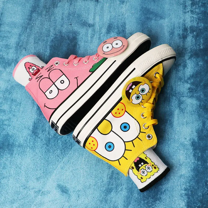 2024 Summer New yellow pink Student SpongeBob SquarePants High Top Canvas Cute Girl Cartoon big size man shoes women Shoes