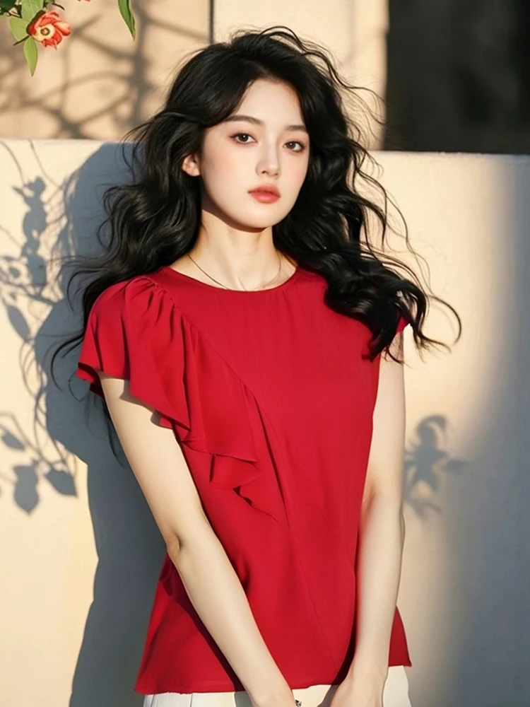 

Женская свободная шелковая блузка с кружевной отделкой, коротким рукавом, прямым кроем и цветовыми блоками, в корейском стиле, лето 2025