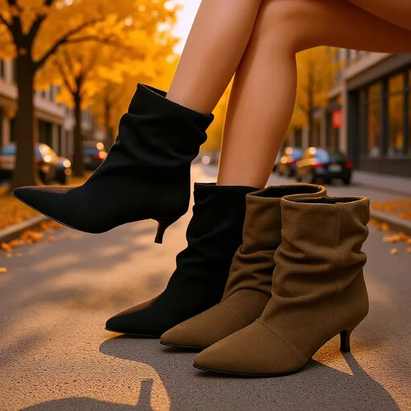 Botas de Mujer con Punta Puntiaguda y Tacón Delgado, Estilo Nuevo de Otoño Invierno, Botas Cortas de Terciopelo con Tacón Alto, Estilo Moderno y Minimalista
