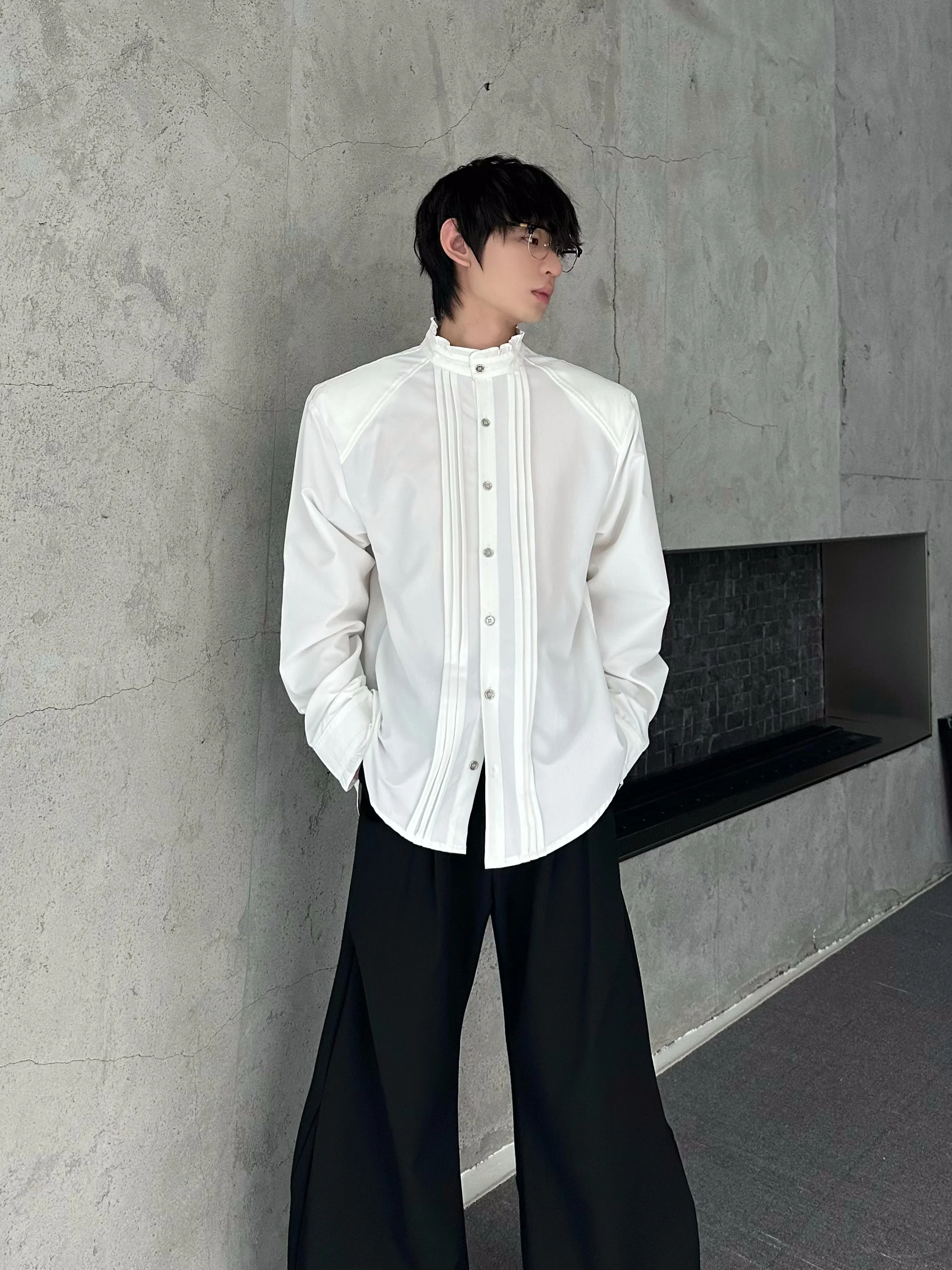 French Style High-End Court Style Lace Pleated Shirt Fashionable Loose Casual Long Sleeve Shirt for Men