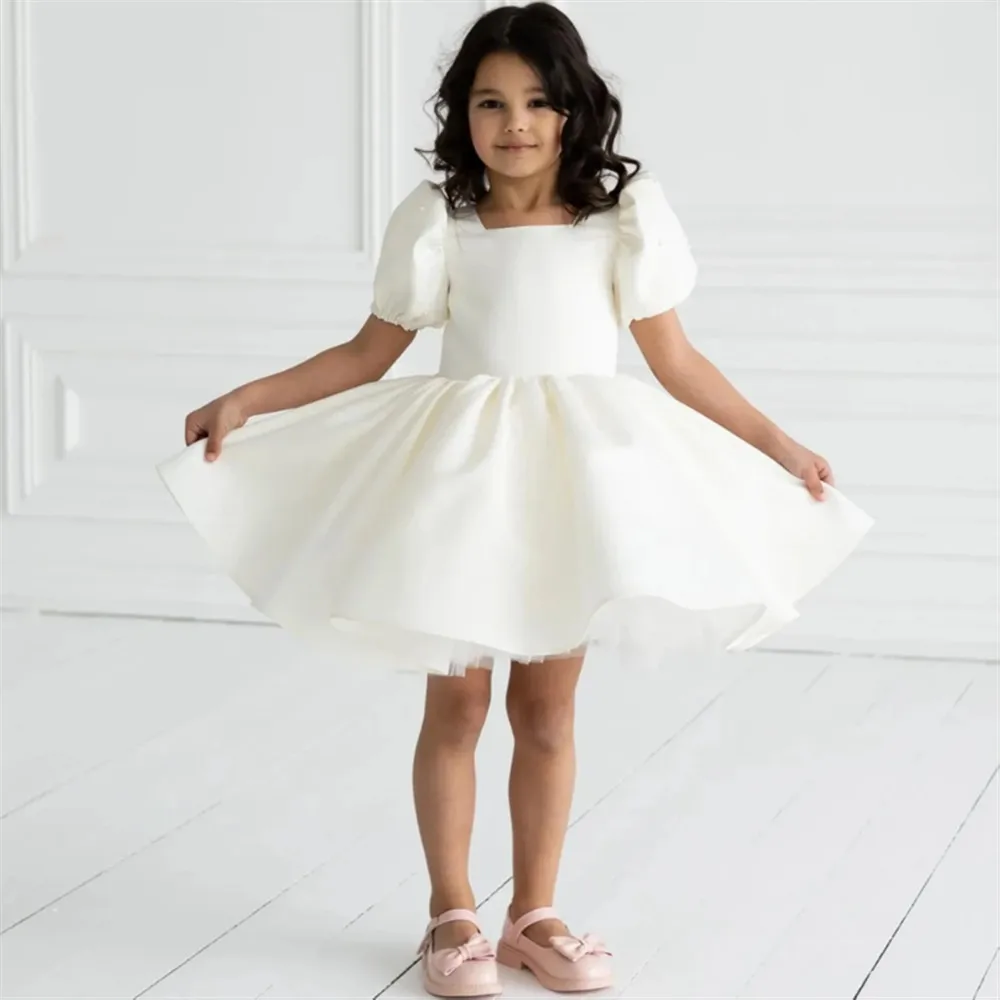 

Elegant White Flower Girl Wedding Dress Satin Puffy Princess Birthday Christmas Party Dress vestidos de novia Customized