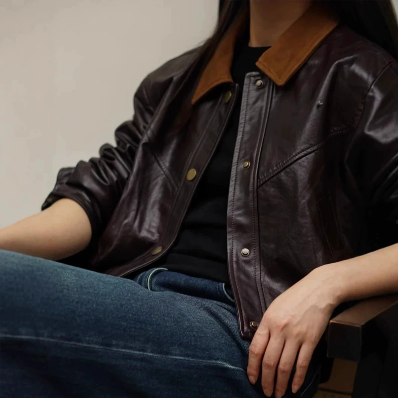 Cappotti da giacca in vera pelle da donna vintage caffè Cappotti da donna corti in pelle di pecora con cuciture in pelle cerata e colletto in pelle scamosciata