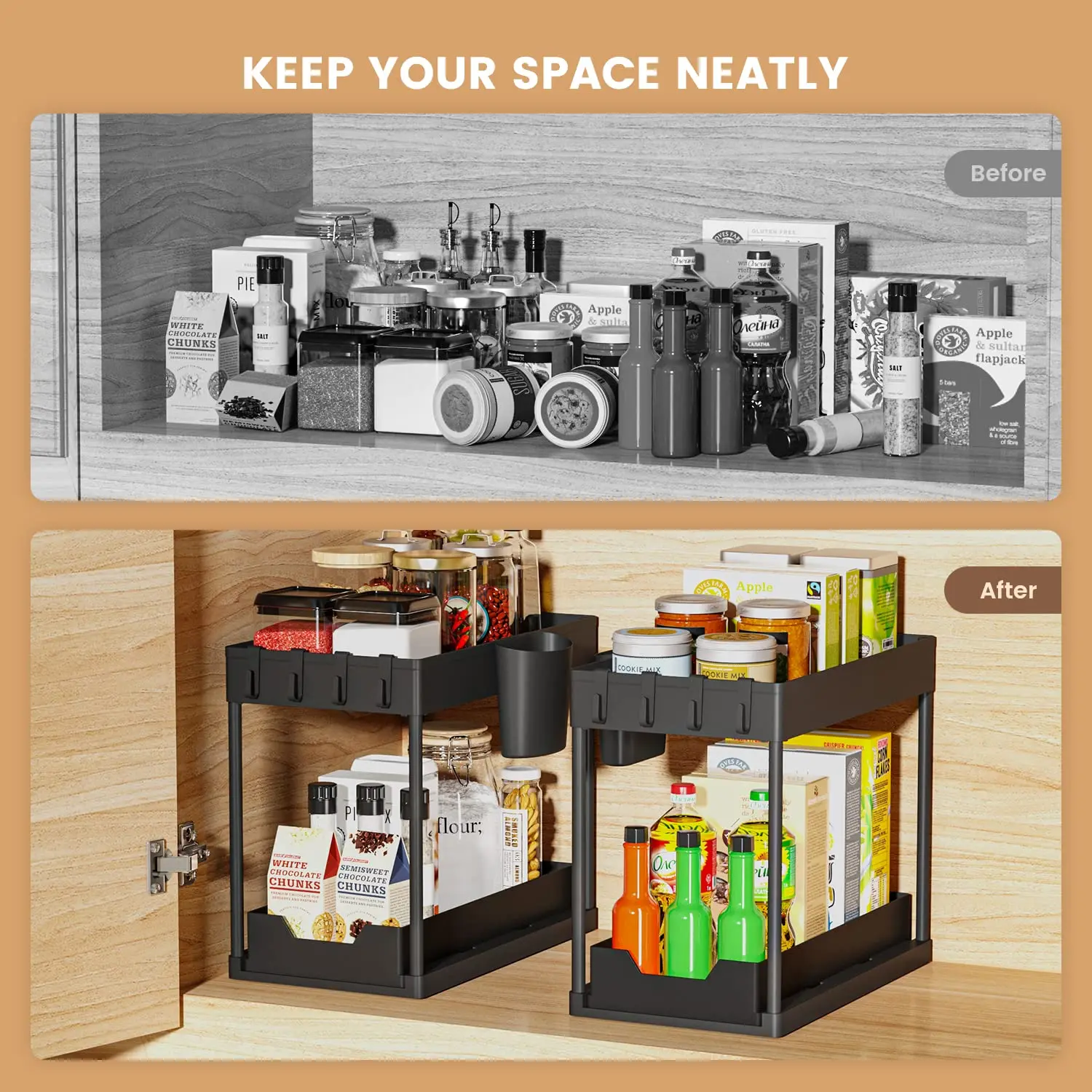 Under Sink Organizer and Storage, Kitchen Organization Rack with Double Sliding Cabinet Drawers, Multi-Purpose Storage Shelf