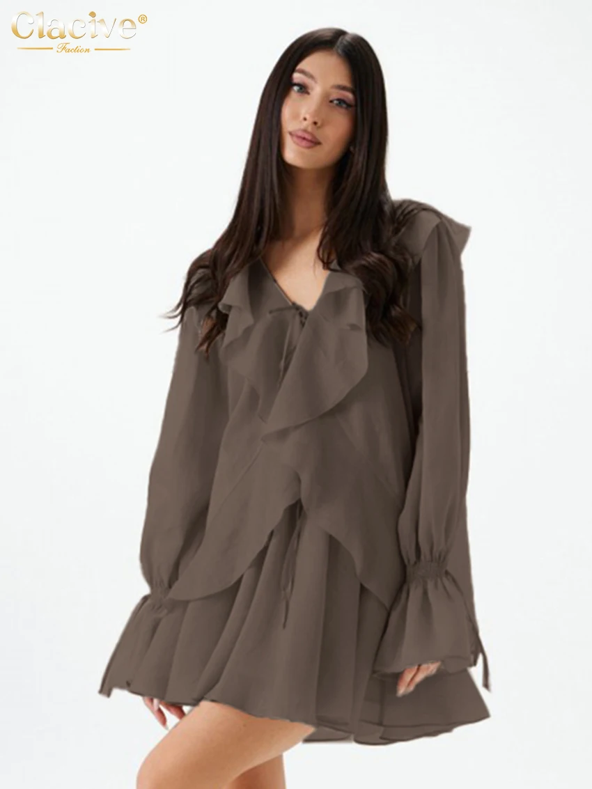 Clacive แฟชั่นหลวมผ้าฝ้ายสีน้ําตาล 2 ชิ้นชุดผู้หญิง 2025 เสื้อแขนยาวหรูหราเอวสูงจีบกระโปรงมินิชุด