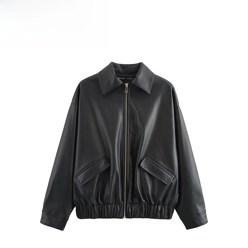 ZBZA Faionable หลวมหนัง Jaet ผู้หญิง Street Sle ยาว Sve เสื้อฤดูใบไม้ร่วงใหม่มาถึงเส้นใยโพลีเอสเตอร์