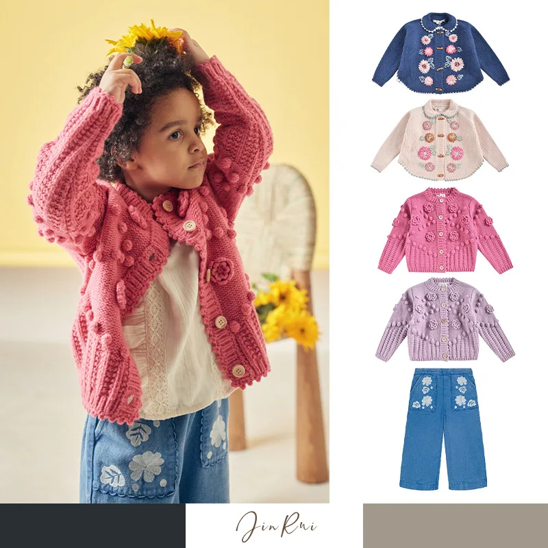 

Children's Sweater Set 2024AW LM Vintage Embroidered Cardigan for Girl - Luxurious Wool Blend Popcorn Sweater