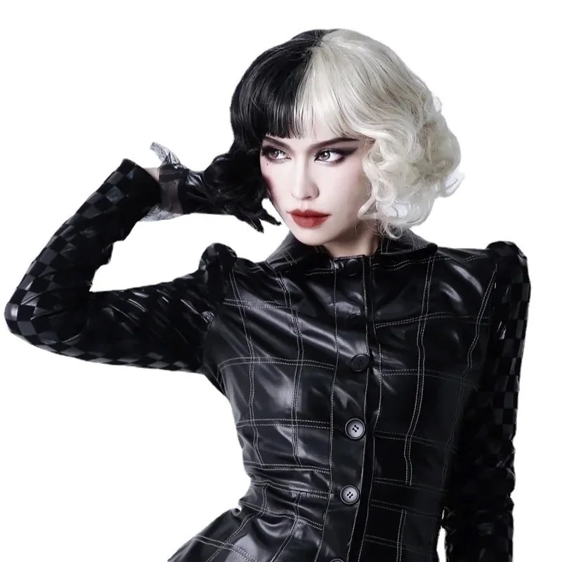 Cruella De Vil Cos Pruik Feestmode Kledingaccessoires Zwart en Wit Tweekleurig Kort Krullend Haar Film Cruella Rolhoofddeksel