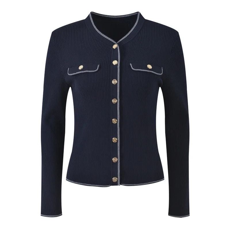 CHUJIE 2025 خريف جديد كتلة الألوان تقليم سليم صالح أنيقة موضة تنوعا الجولة الرقبة قصيرة سترة مشغولة من الصوف