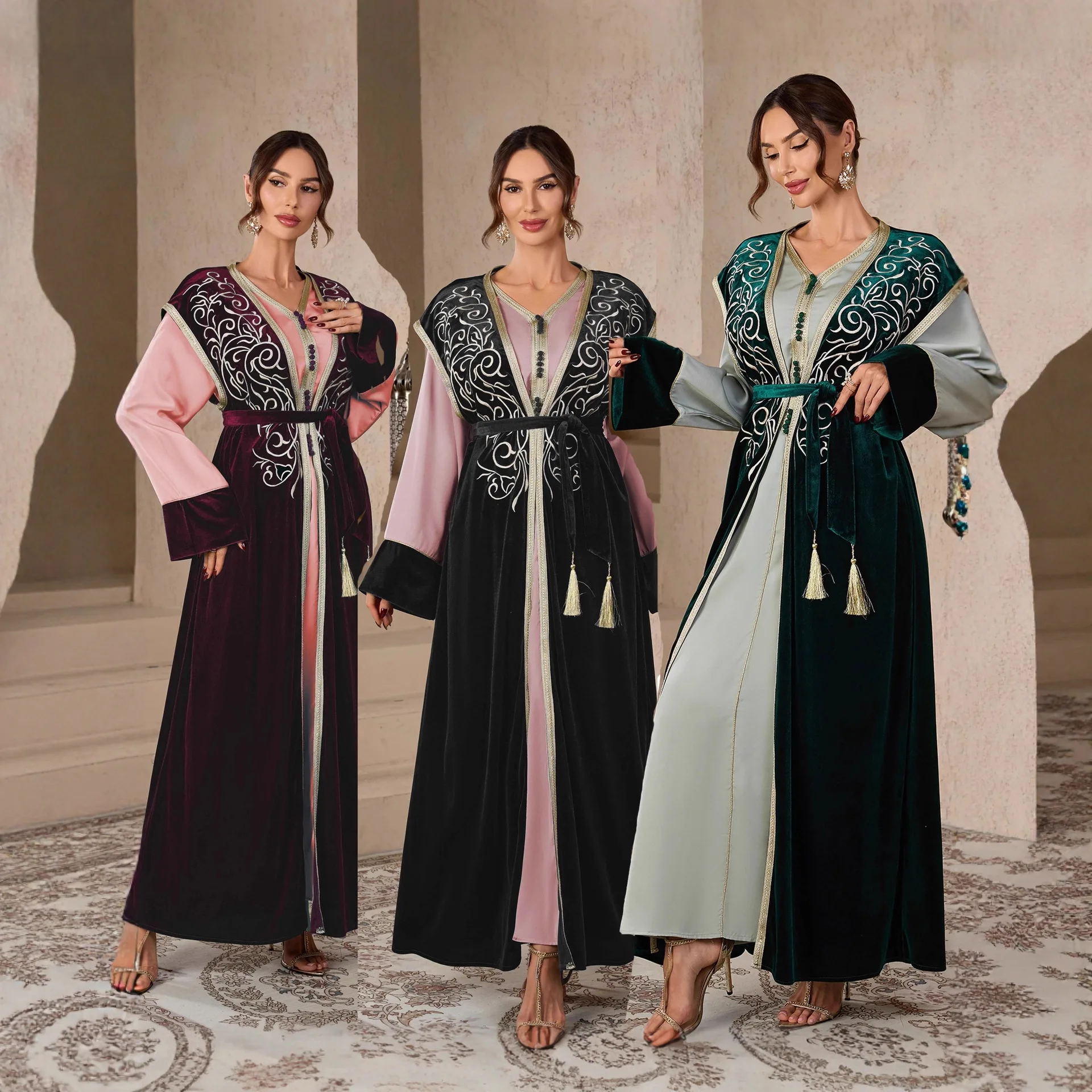 

Korean Velvet Embroidered Belt Women's Kaftan Muslim Fashion Elegant Two-piece Dress Set Ramadan Dubai Luxury Islam Elegant