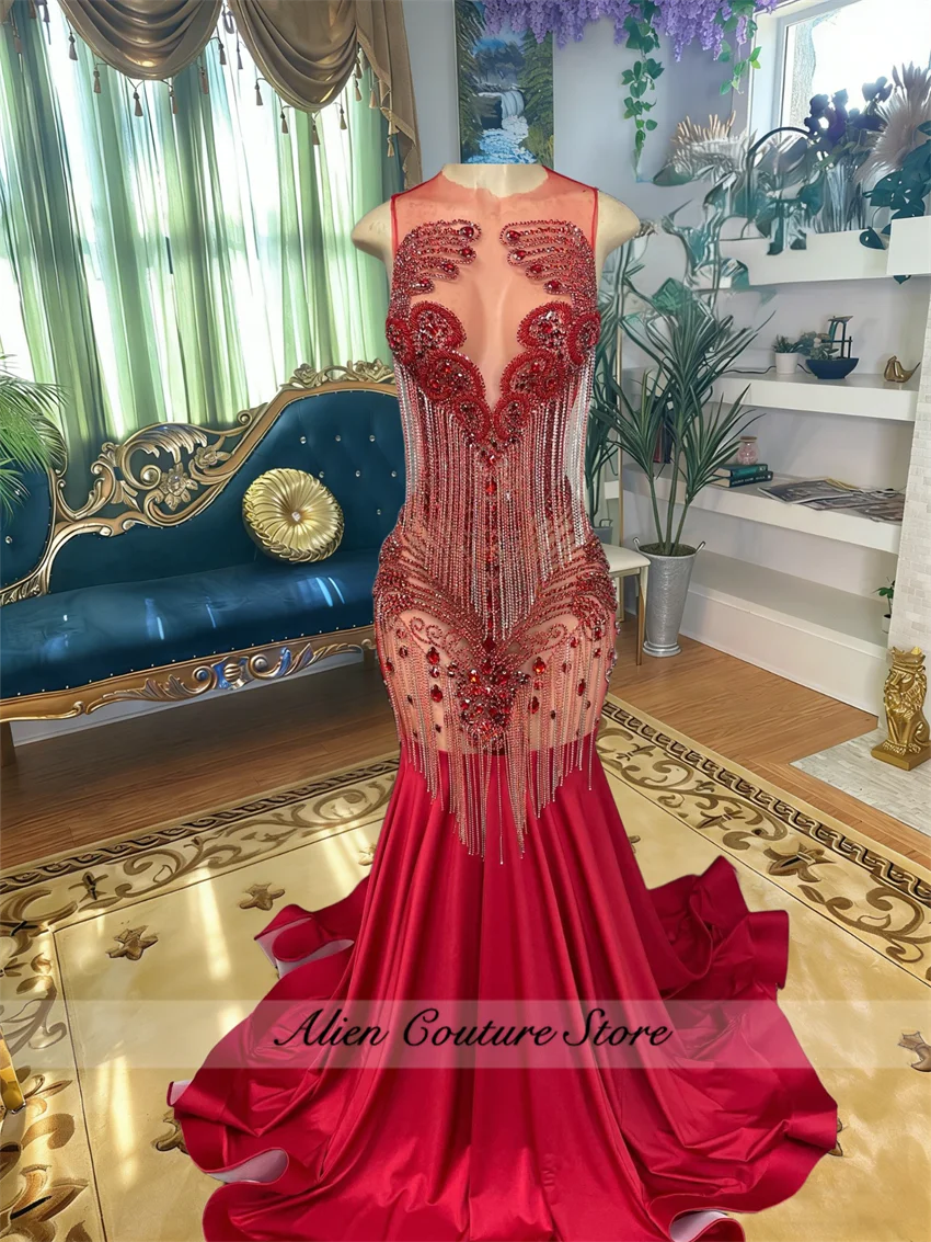 

Luxury Red Bead Crystal Prom Dresses Long O Neck Black Girl 2026 Birthday Party Dress Tassels Gems Evening Dresses Customized