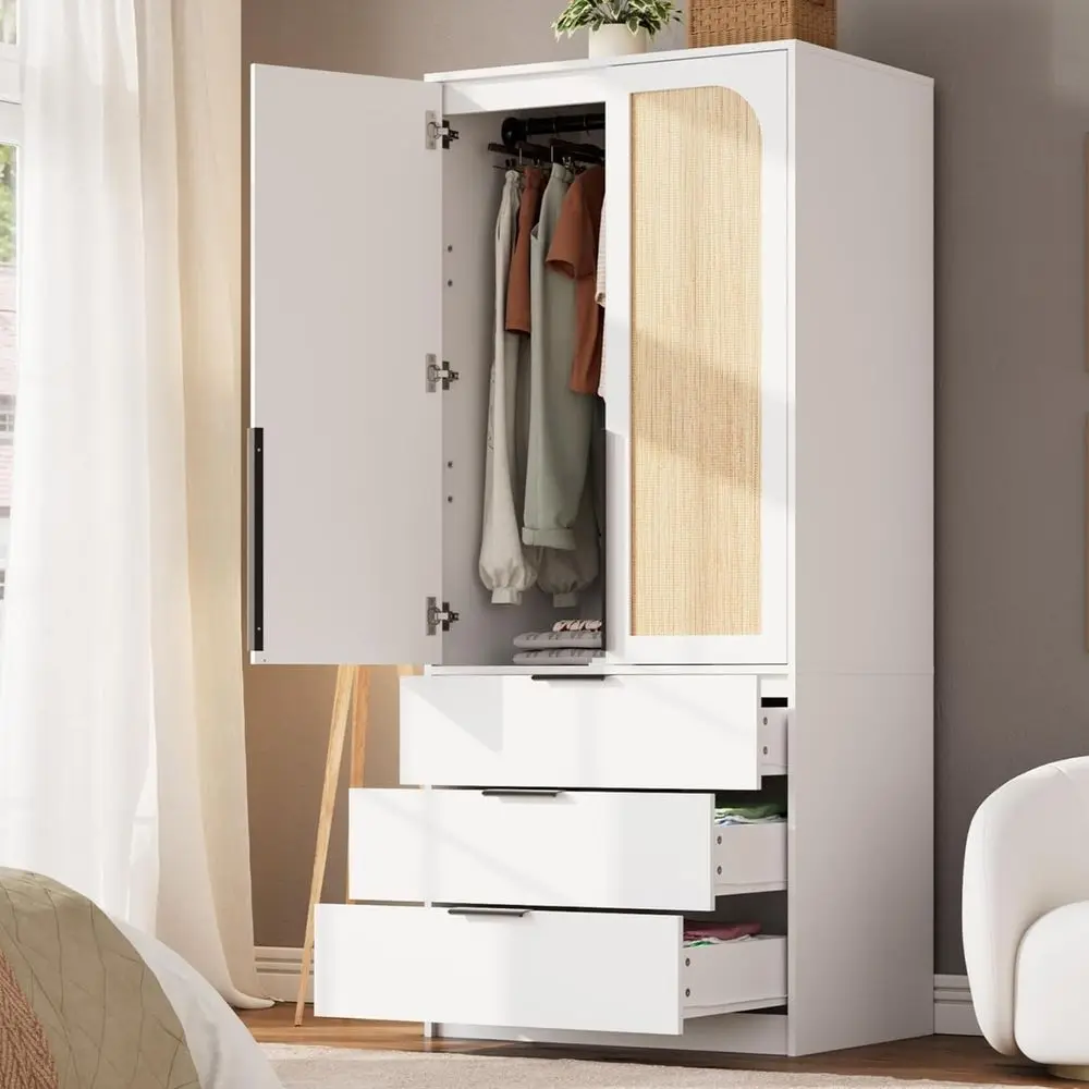 

69.5 Wooden 3-Door Wardrobe with Hanging Rod, Large Storage Capacity, Rattan Doors, White