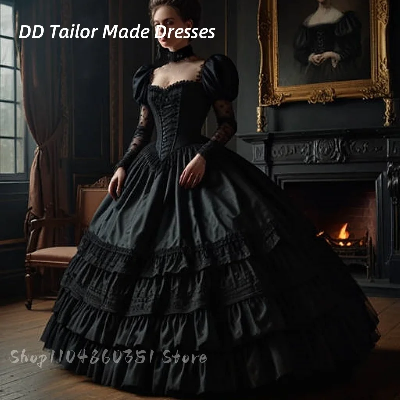 

Puff Sleeve Black Gothic Wedding Dress Sweetheart Corset Ball Gown Bridal Gowns Back Lace-Up Ruffles Tiered Customized Vestidos