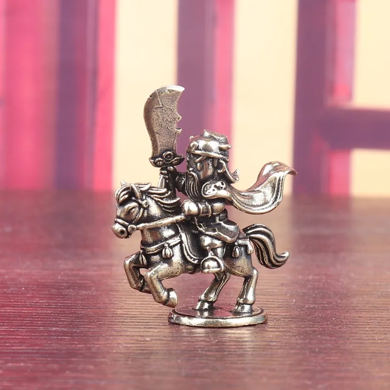 Vintage Brass Guan Gong on Horse Figurine Mini Chinese Warrior Statue Desktop Ornament Retro Feng Shui Collectible Craft Gift