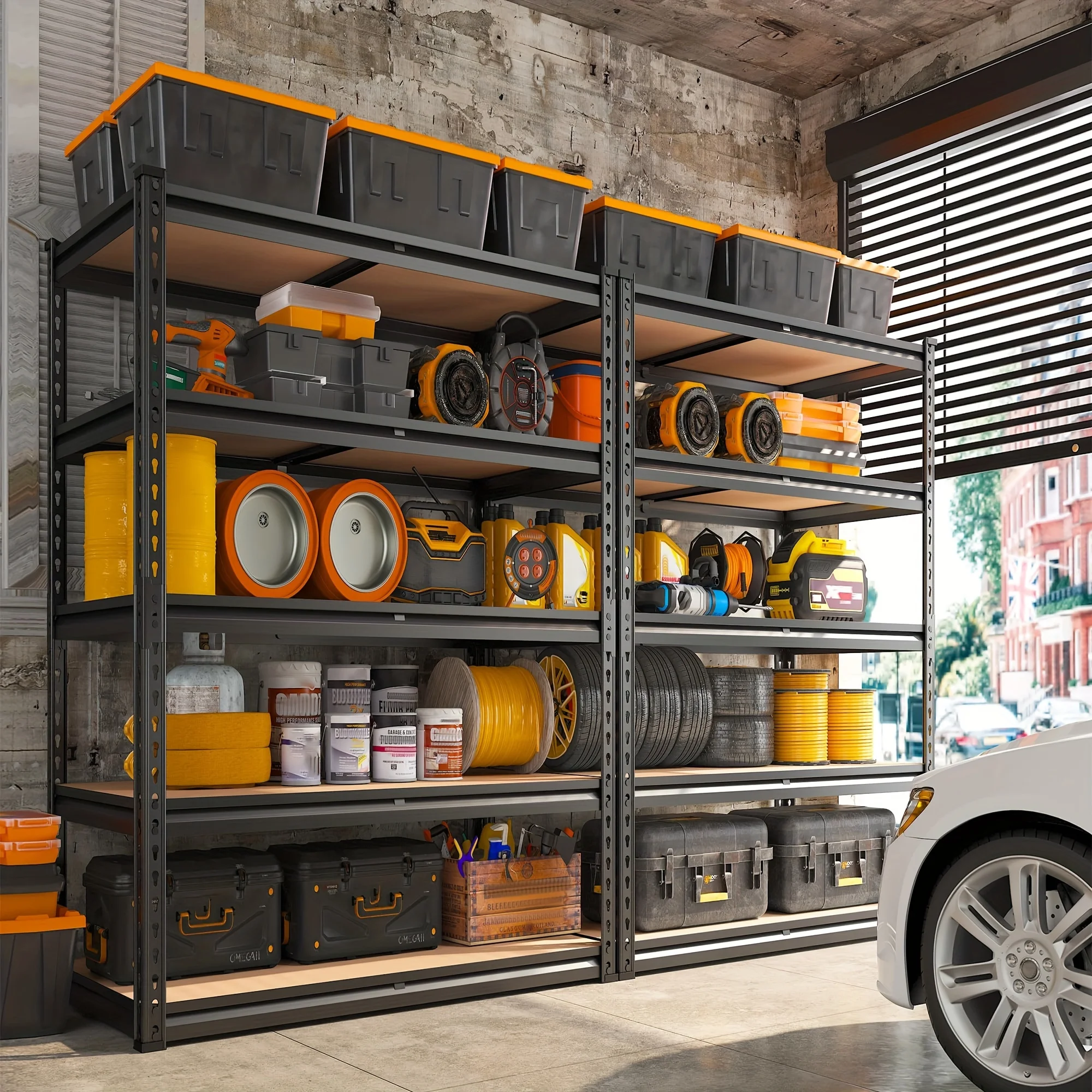 وحدة رفوف شديدة التحمل مكونة من 5 طبقات بسعة 2000 رطل - رف تخزين صناعي 72 بوصة عرض × 36 بوصة عمق × 16 بوصة ارتفاعًا، أرفف جراج سوداء غير لامعة