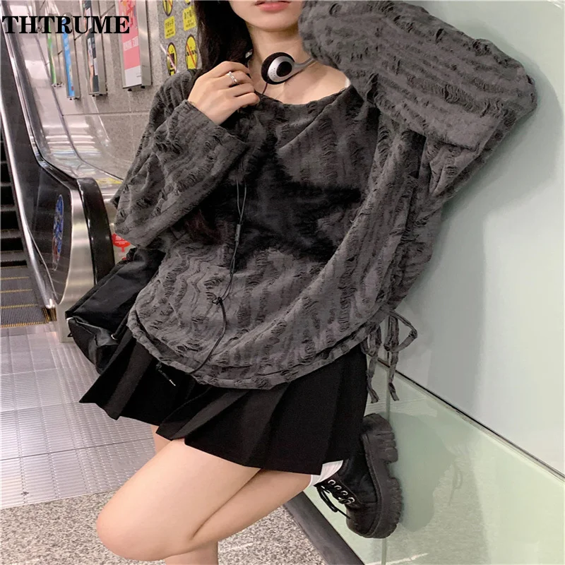 Y2K High Street Sweaters For Women Fashion Oversized Off Shoulder Streetwear Jumpers Casual Vintage Star Print Chic Pullovers