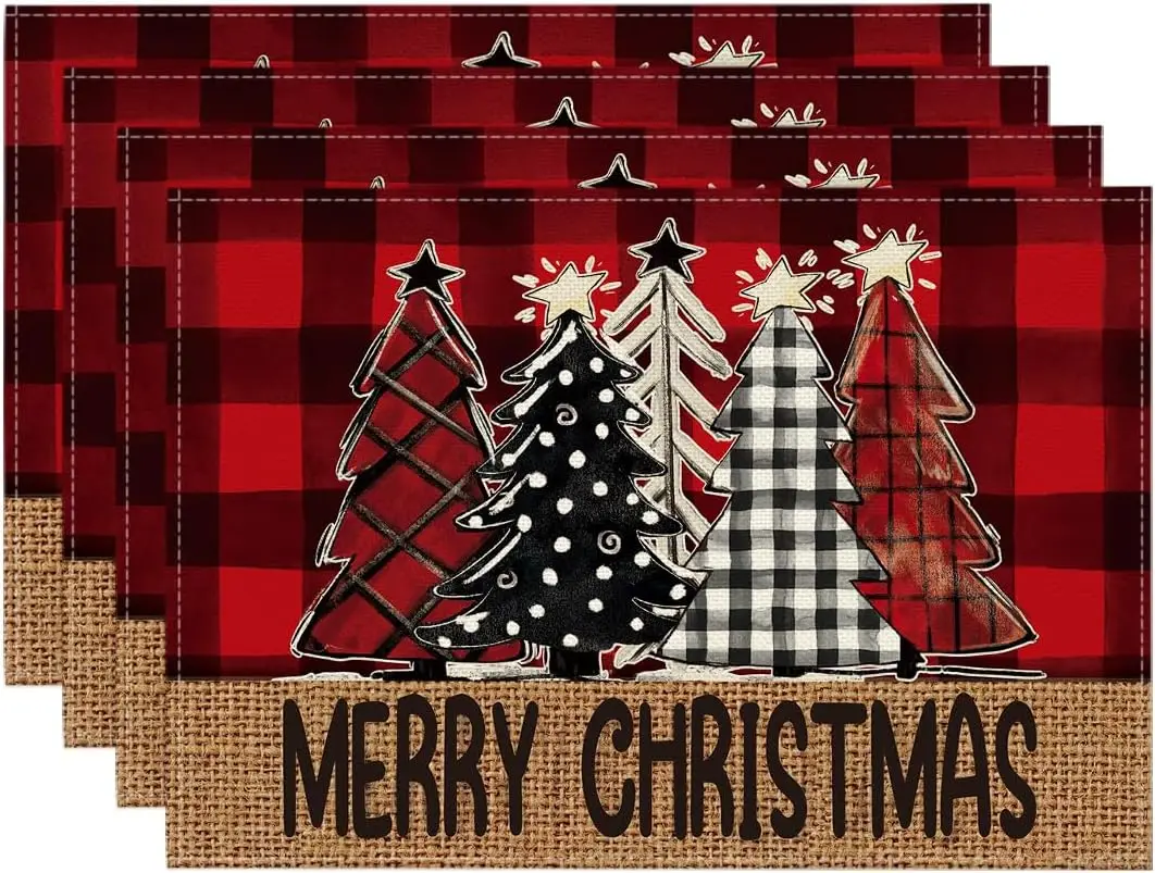 

Christmas Red Plaid Placemats Set 4/6PCS Cotton Linen Washable Heat-Resistant Xmas Table Decor for Holiday Dinner Party