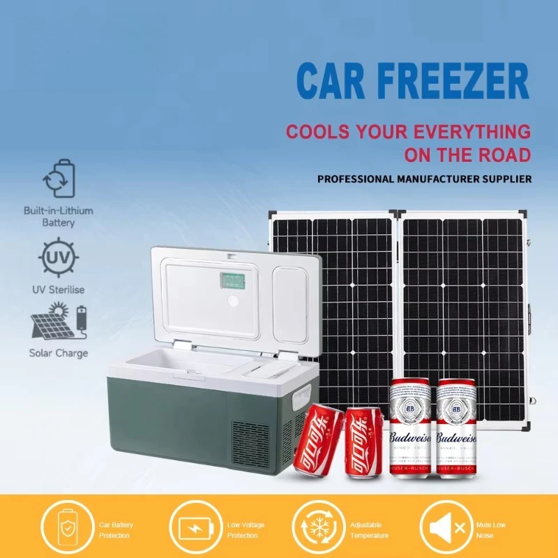 ثلاجة سيارة محمولة، ثلاجة سيارة تعمل بالطاقة الشمسية سعة 25 لترًا مع بطارية مدمجة قابلة للاستبدال