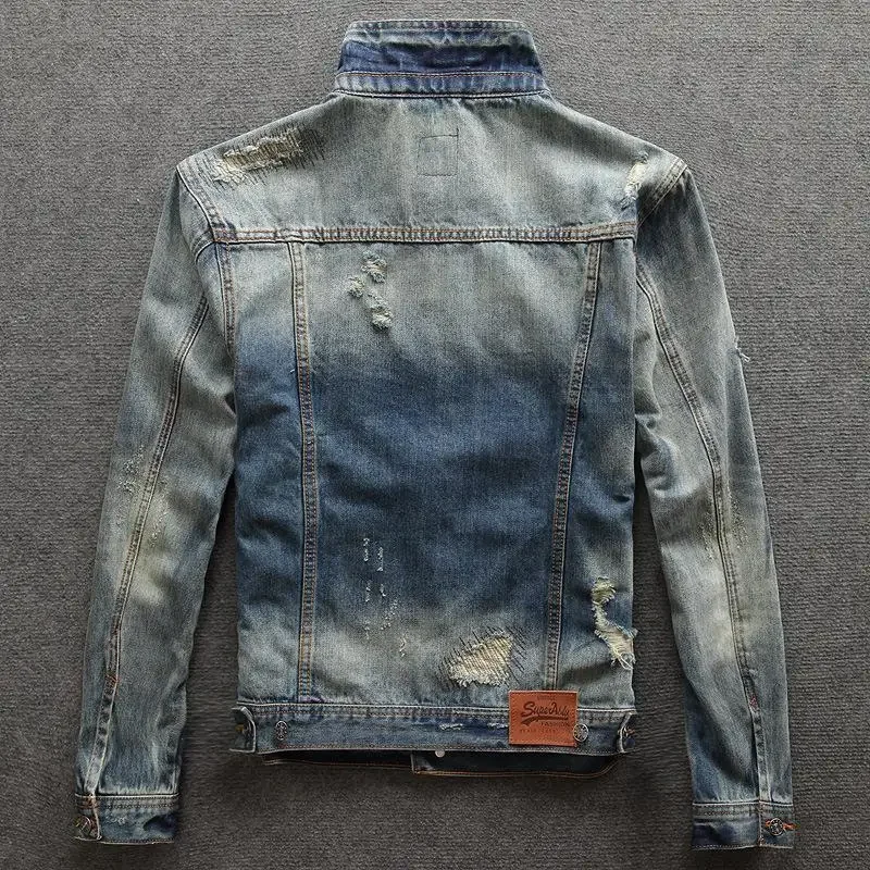 Ripped Casual Slim Men's Denim Jacket Vintage Male Jean Coats With Hole Short Menswear Size L Branded Fashion Low Cost Designer