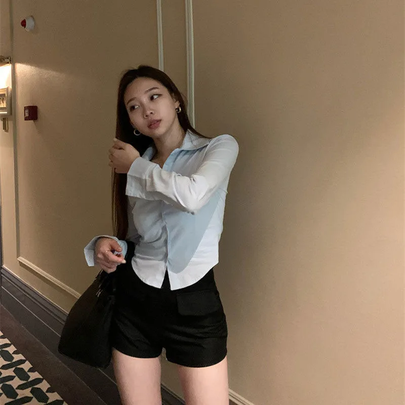 White Crop Shirt Women Y2K Summer Korean Long Sleeve Lapel Buttons Blouse Fashion Streetwear Chic Slim All-Match Shirts New