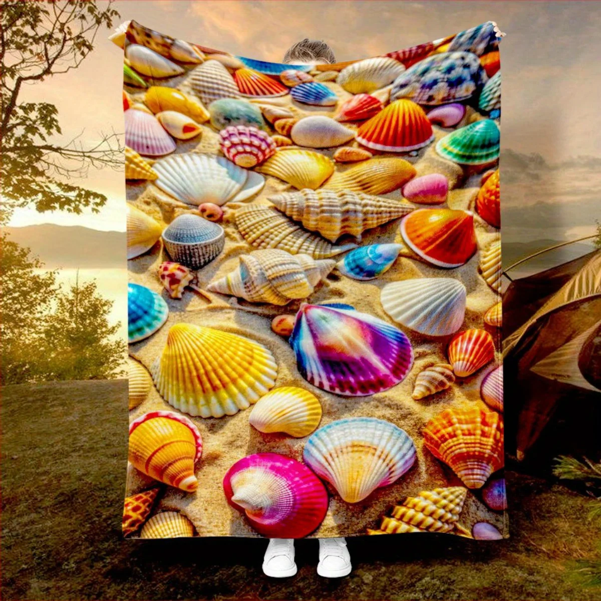 Personalized flannel blanket with beach, ocean, starfish, and seashell design - perfect for beds, sofas, offices, travel, decora
