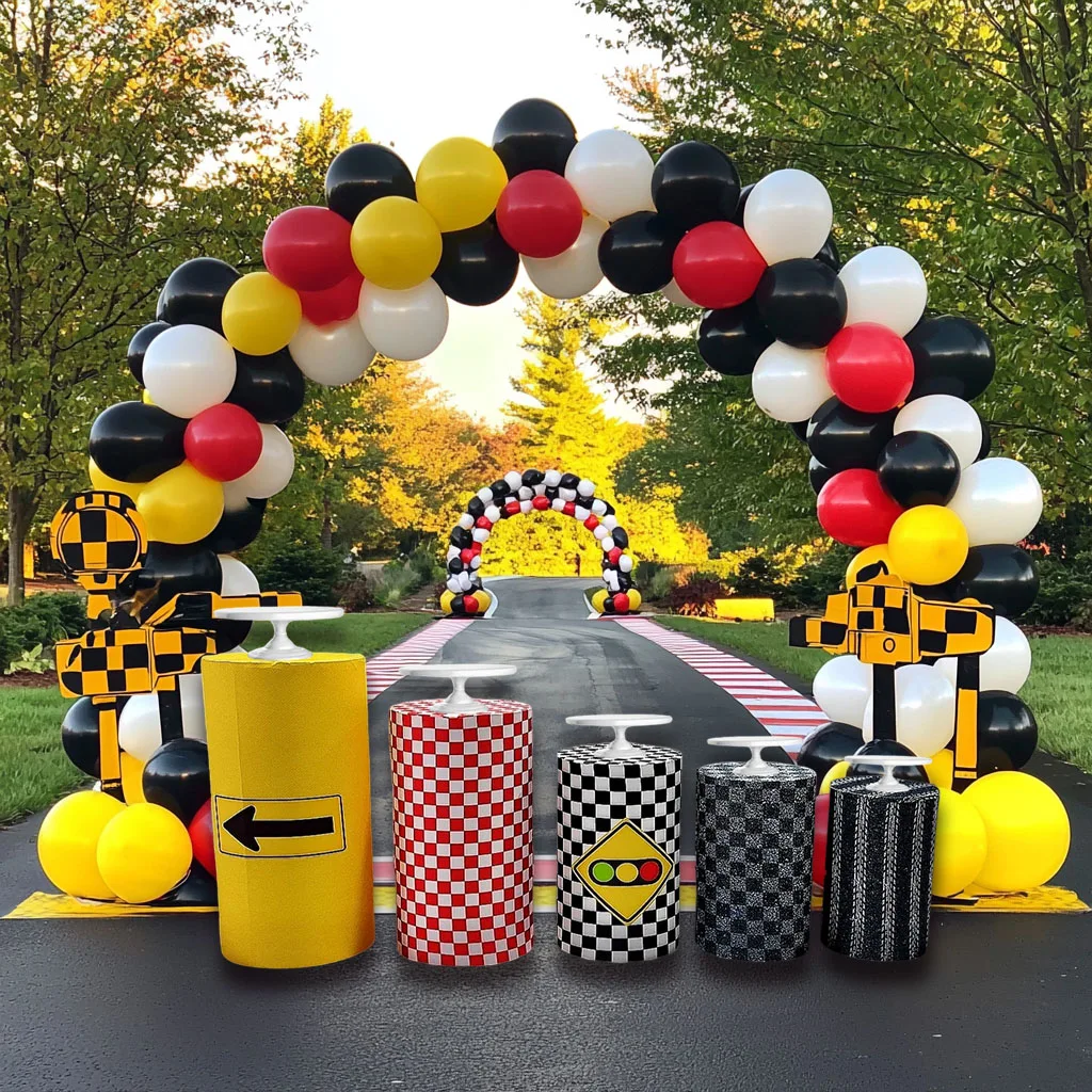 

1set (5 Pcs) Cylinder Covers Racing Car Theme Party Stretchy Pedestal Cover for Birthday Baby Shower Tablecloth Decor Prop