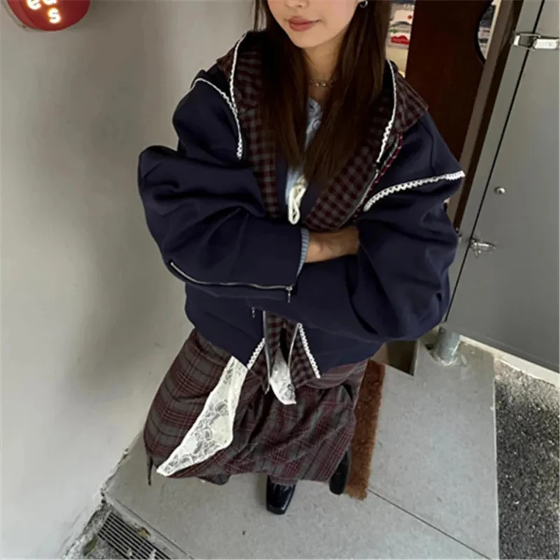 여성 레이스 지퍼 후드티 체크 패치워크 페이크 투피스 스트리트웨어 스웨트셔츠 봄 빈티지 Y2K 하라주쿠 스포츠 후드 코트