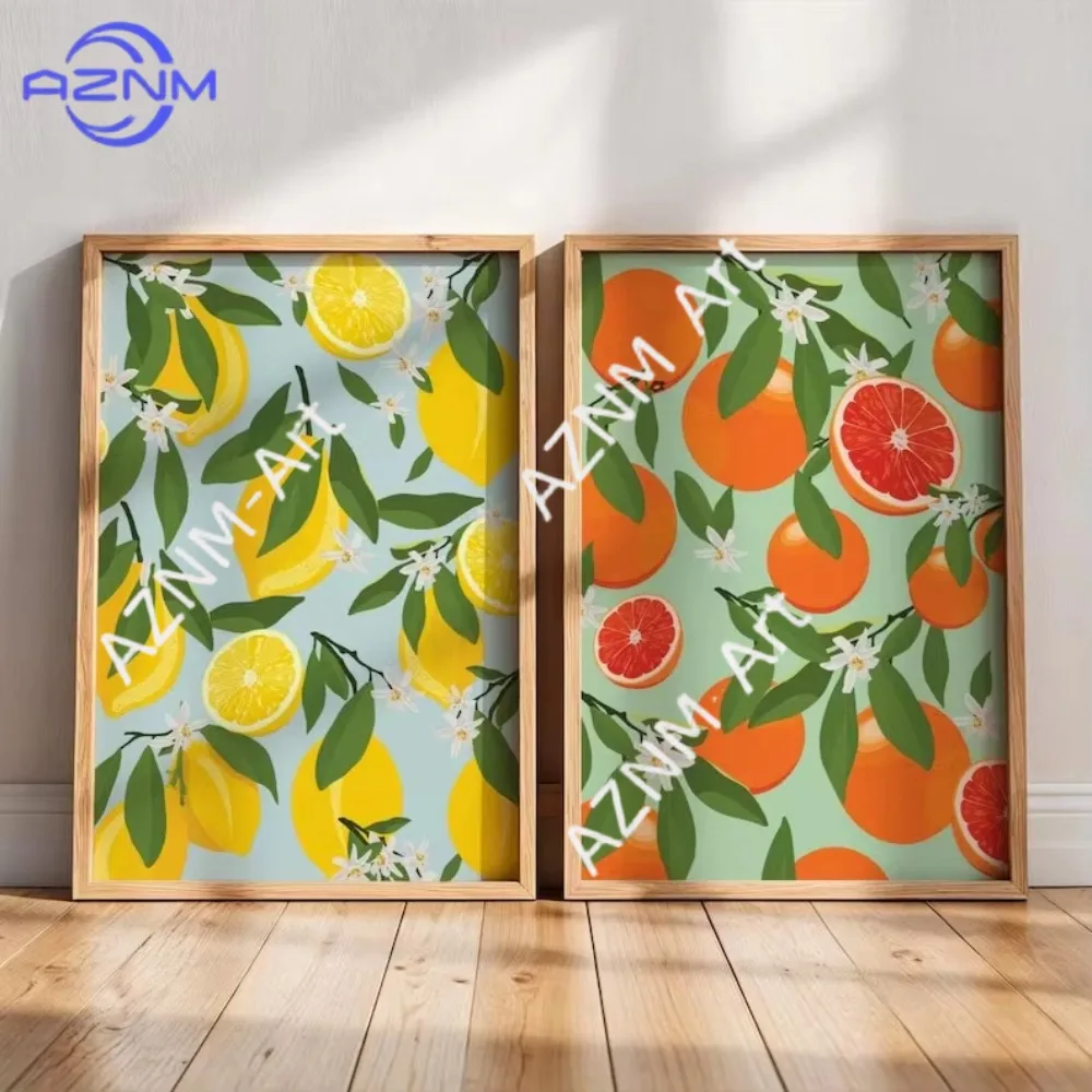 1/2 Stück Retro Zitronen- und Orangen-Frucht-Leinwanddruck Mediterranes Zitrus-Wandkunst-Poster für Moderne Wohnzimmer Schlafzimmer Heimdekoration