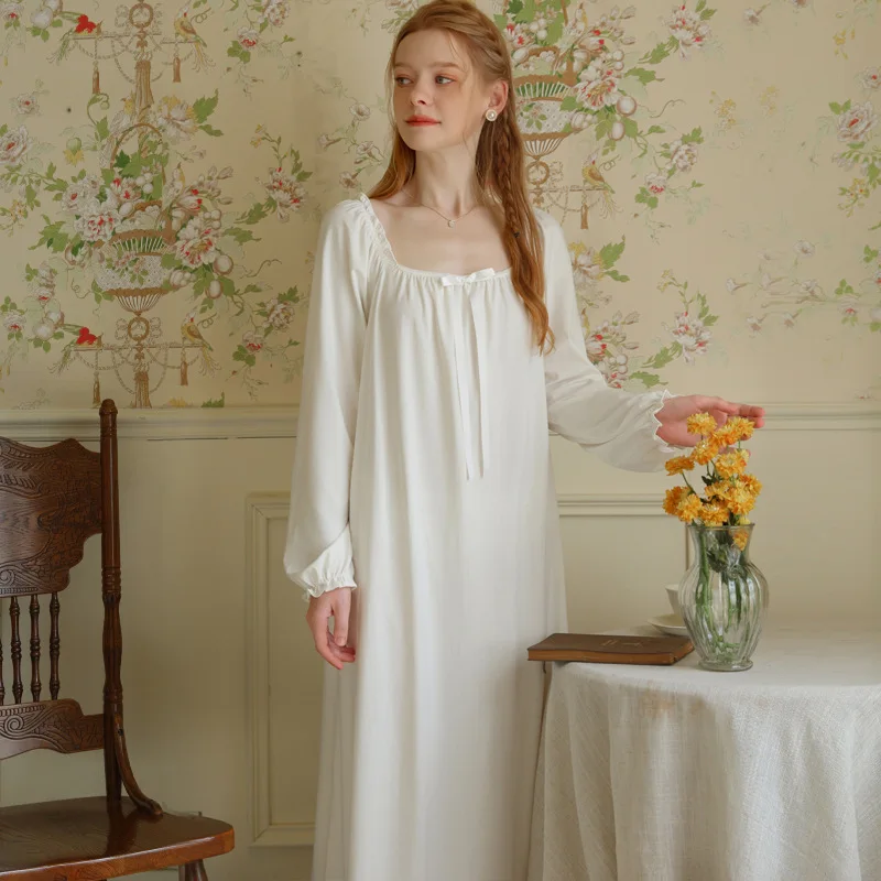 Sweet Cotton Night Dress Women Solid Color Long Sleeve Robe Peignoir Sleepwear Princess Nightwear Victorian Vintage Nightgowns