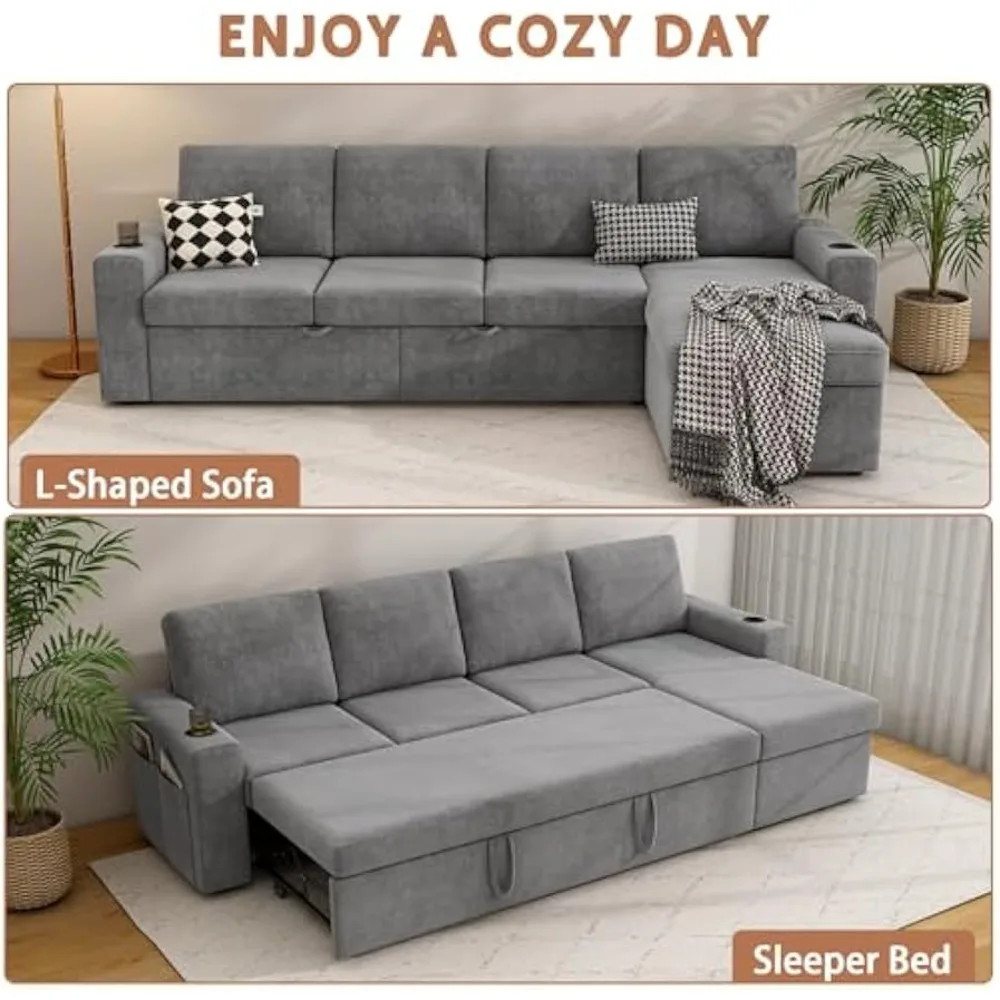 أريكة نوم مقاس 102 بوصة، سرير أريكة مقطعي على شكل حرف L مع كرسي تخزين، أريكة قابلة للسحب 2 في 1 مع حاملات أكواب وجانبية #4