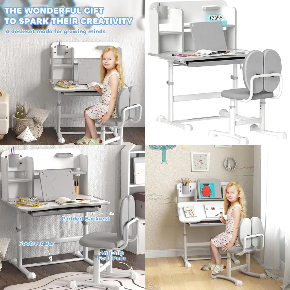 

Детский учебный стол и стул с регулируемой высотой, ящиком для хранения и подставкой для чтения, серый