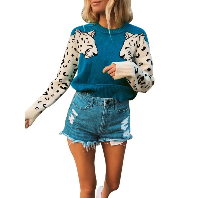 2023 New Autumn and Winter Fashion Round Neck Arm Leopard Pattern Knitted Long Sleeve Temperament Commuter Women\'s Sweater