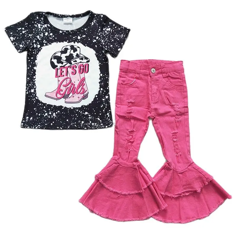 Wholesale Let's Go Girls Set Children Toddler Pullover Black Short Sleeves Boots Shirt Denim Double Bell Pants Kid Infant Outfit